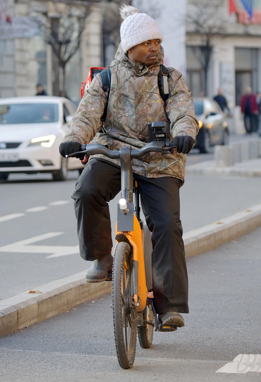 man, bicyclist, courier, backpack, transport, job, ecological, street, cars, urban